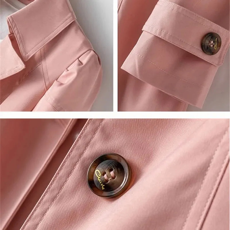 Women's long-sleeved trench coat with notched collar, button front and cuff tabs
