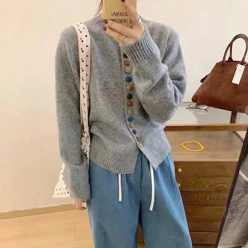 Women's long-sleeve button front cardigan with ribbed trims and multicoloured buttons