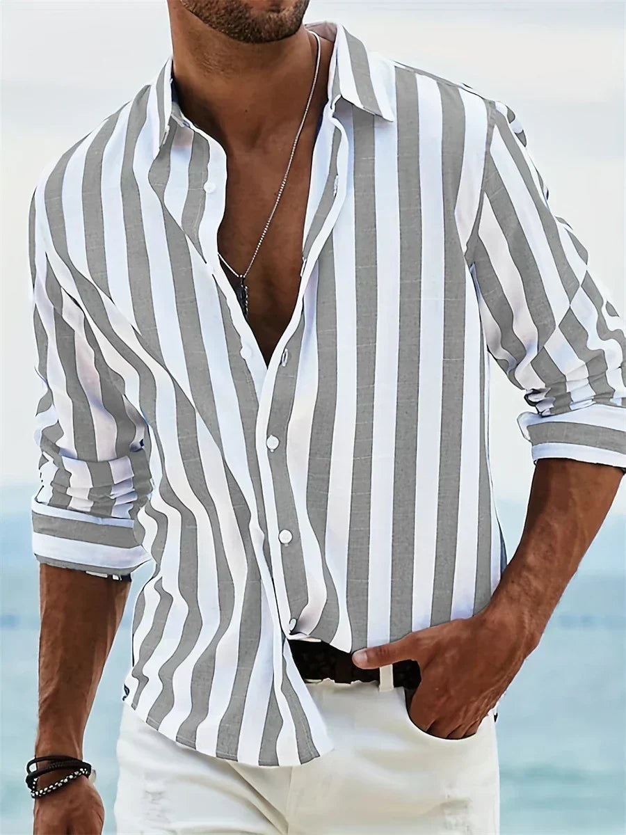 Men's striped collared shirt with rolled long sleeves and button front