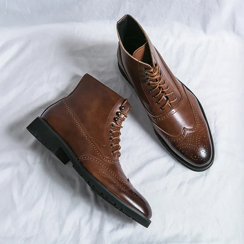 Men's ankle brogue boots with lace-up fronts, perforated detailing and low heels