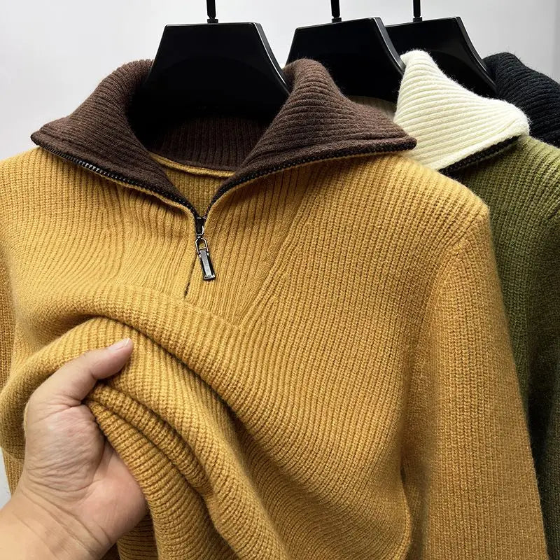 Men's ribbed quarter-zip funnel neck jumper with long sleeves