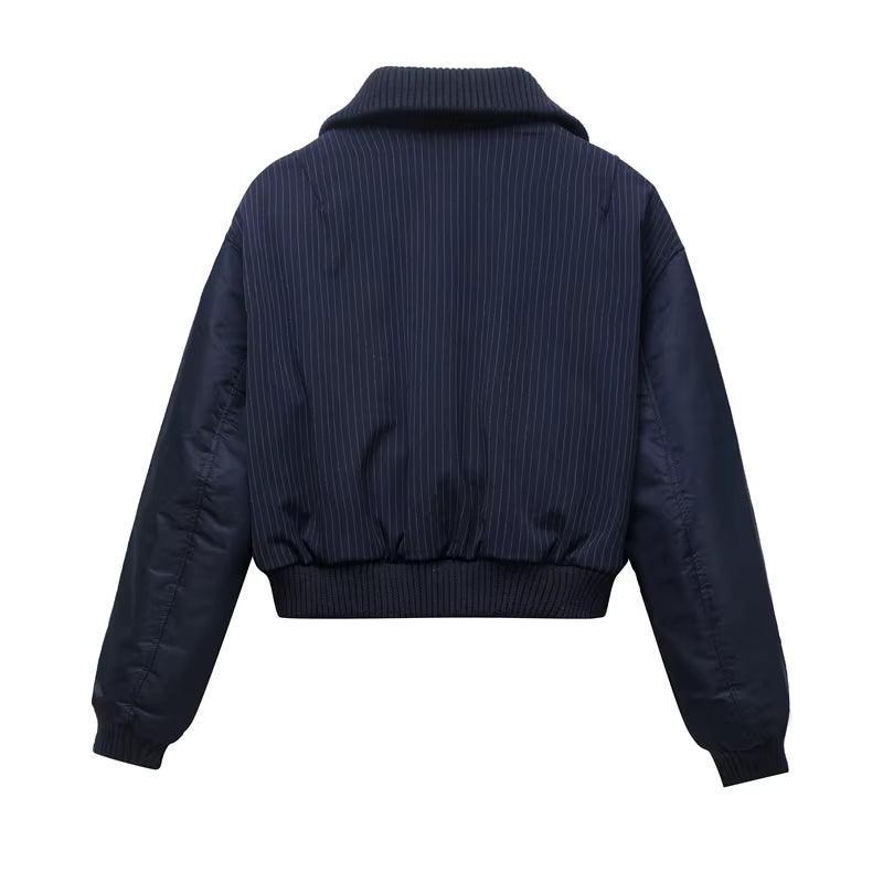 Women's navy cropped bomber jacket with ribbed collar and full zip
