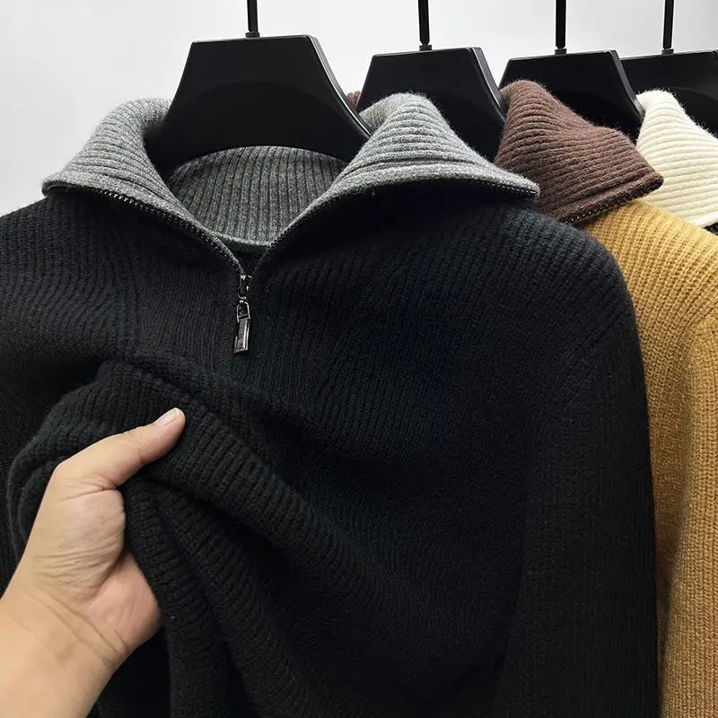 Men's ribbed quarter-zip funnel neck jumper with long sleeves