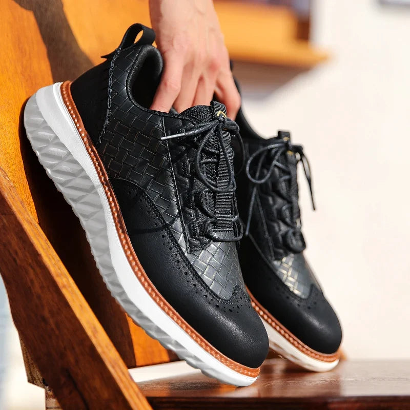 Textured lace-up trainers with round toe and layered flat sole