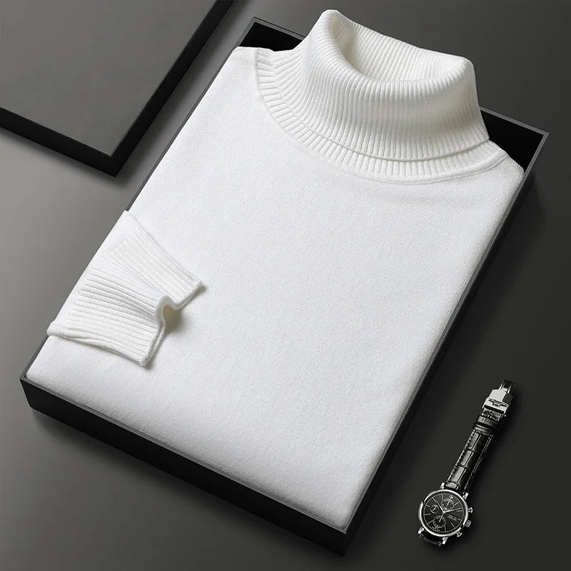 Men's plain ribbed turtleneck sweater folded in a presentation box