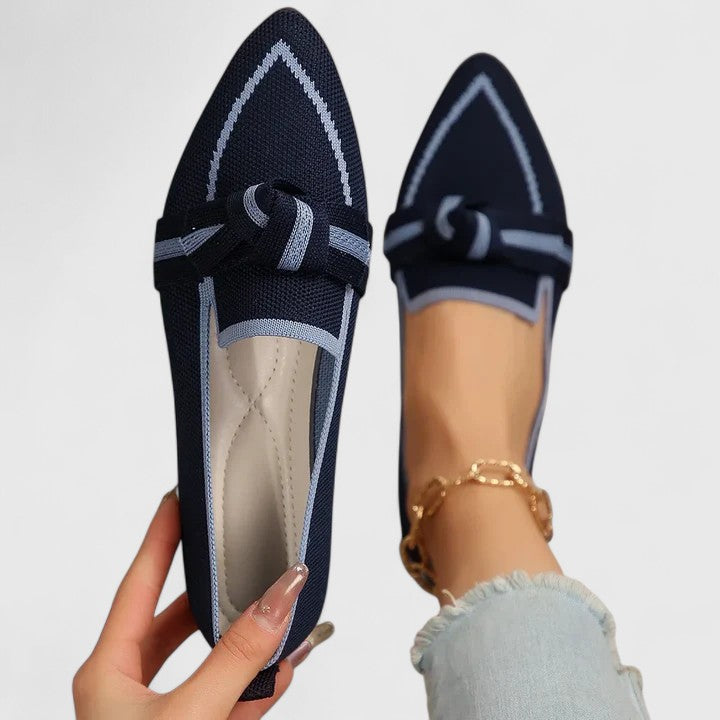 Women's pointed toe loafers with knotted strap and contrast trim