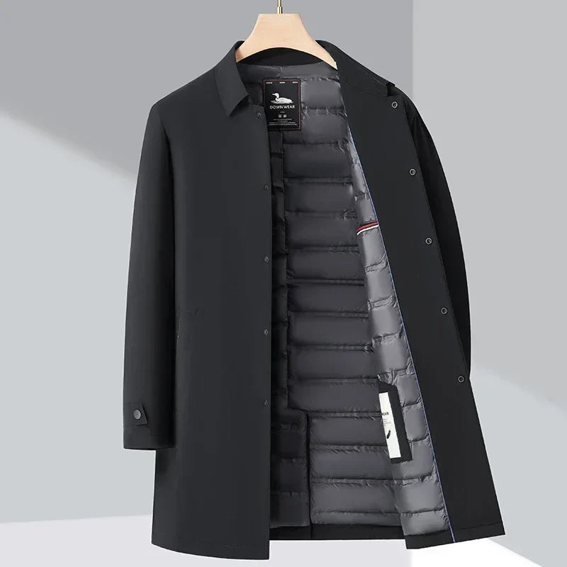 Men's plain trench coat jacket with long sleeves, snap front and quilted lining