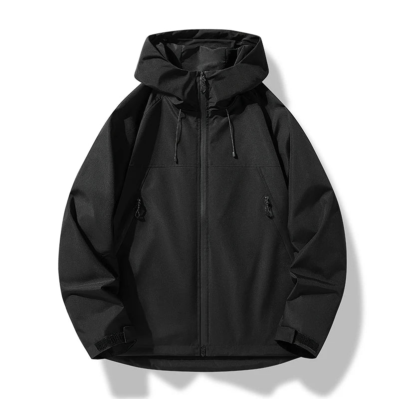 Men's hooded shell jacket with zip front and angled zipped pockets
