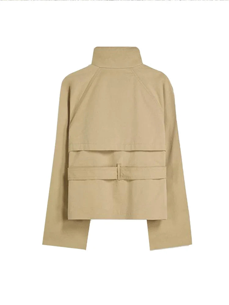 Women's belted double-breasted jacket with high collar and long sleeves