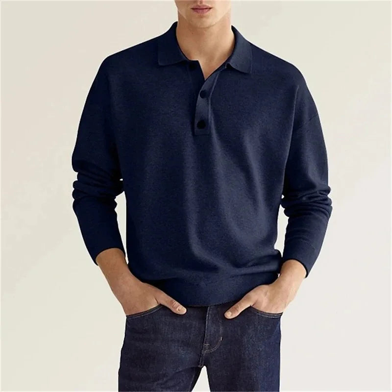 Men's long sleeve polo shirt with collar and button placket