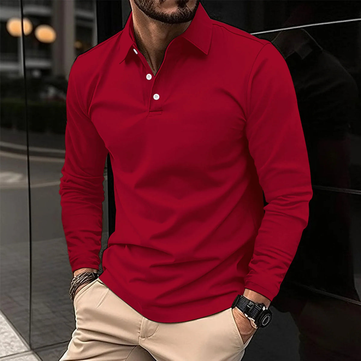Men's long sleeve polo shirt with pointed collar and button placket