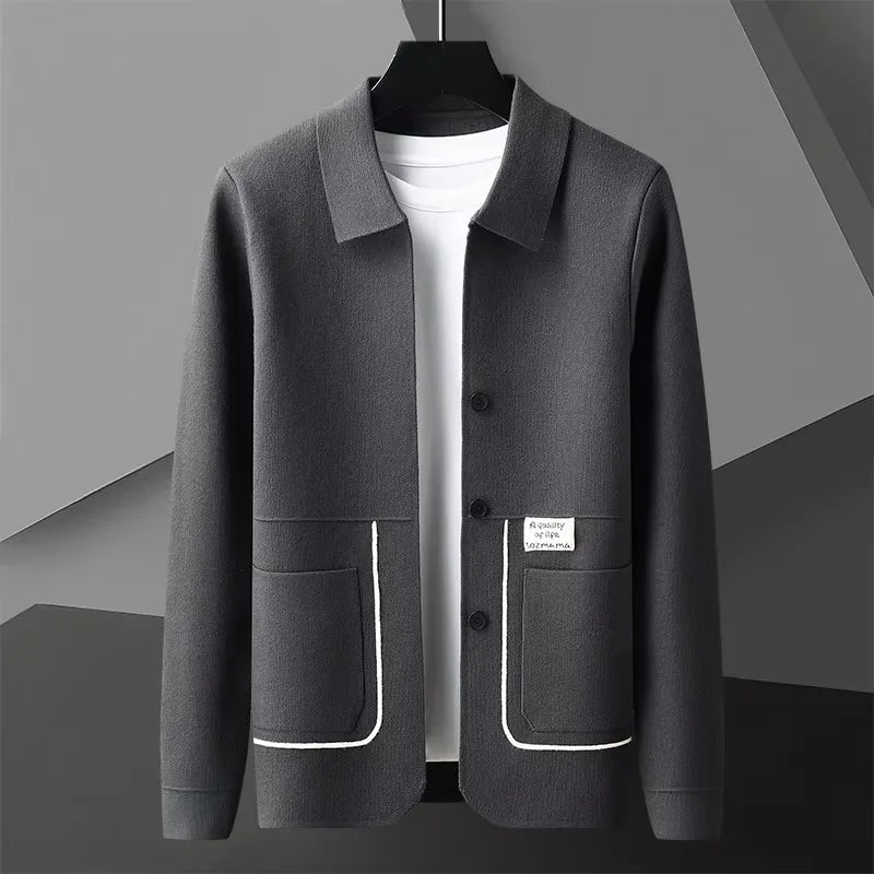 Men's collared knit cardigan jacket with button front, patch pockets and contrast piping