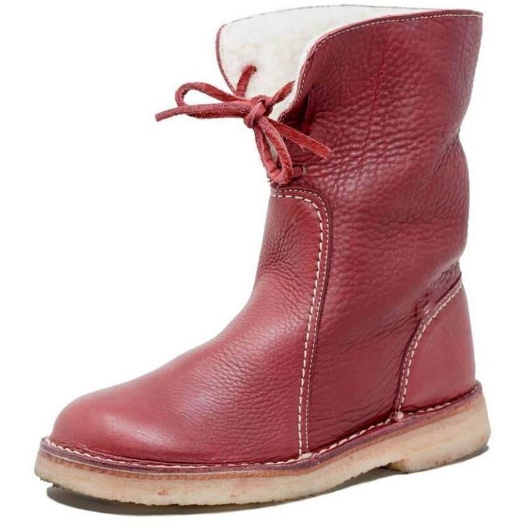 Lace-up mid-calf boots with round toes, stitched panels and flat soles
