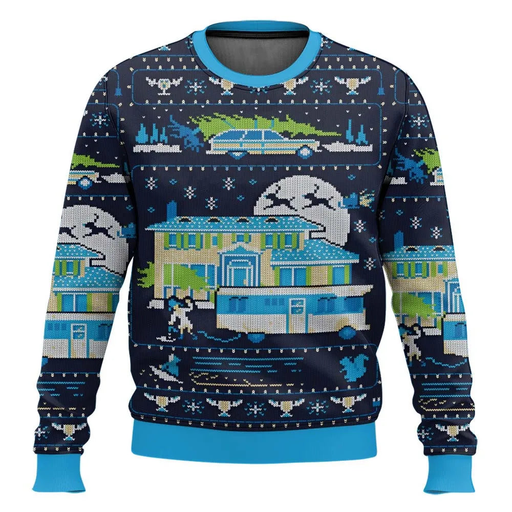 Men's long-sleeved Christmas ski graphic jumper with crew neck and ribbed trims