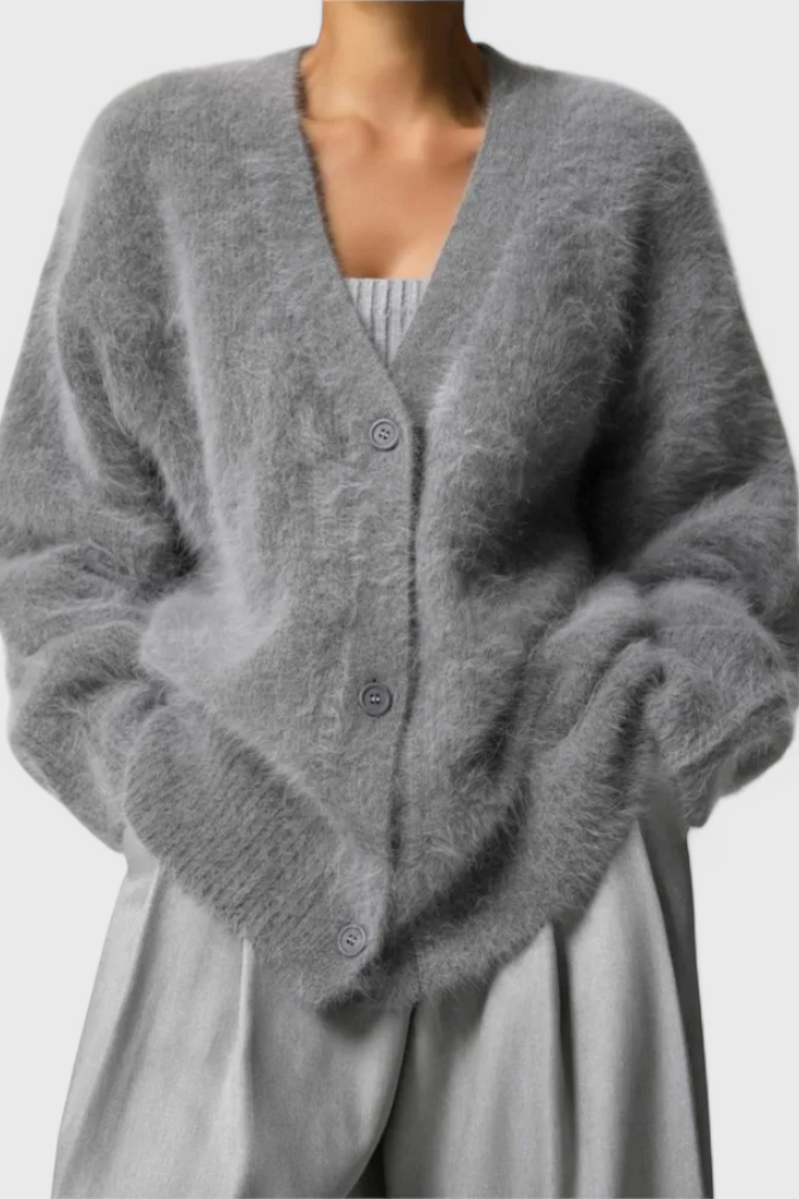 Women's relaxed V-neck button-front cardigan with long sleeves and ribbed trims