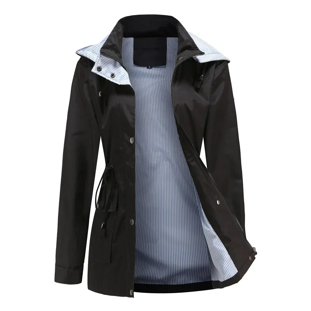 Women's hooded waterproof trench coat with long sleeves, zip front and striped lining