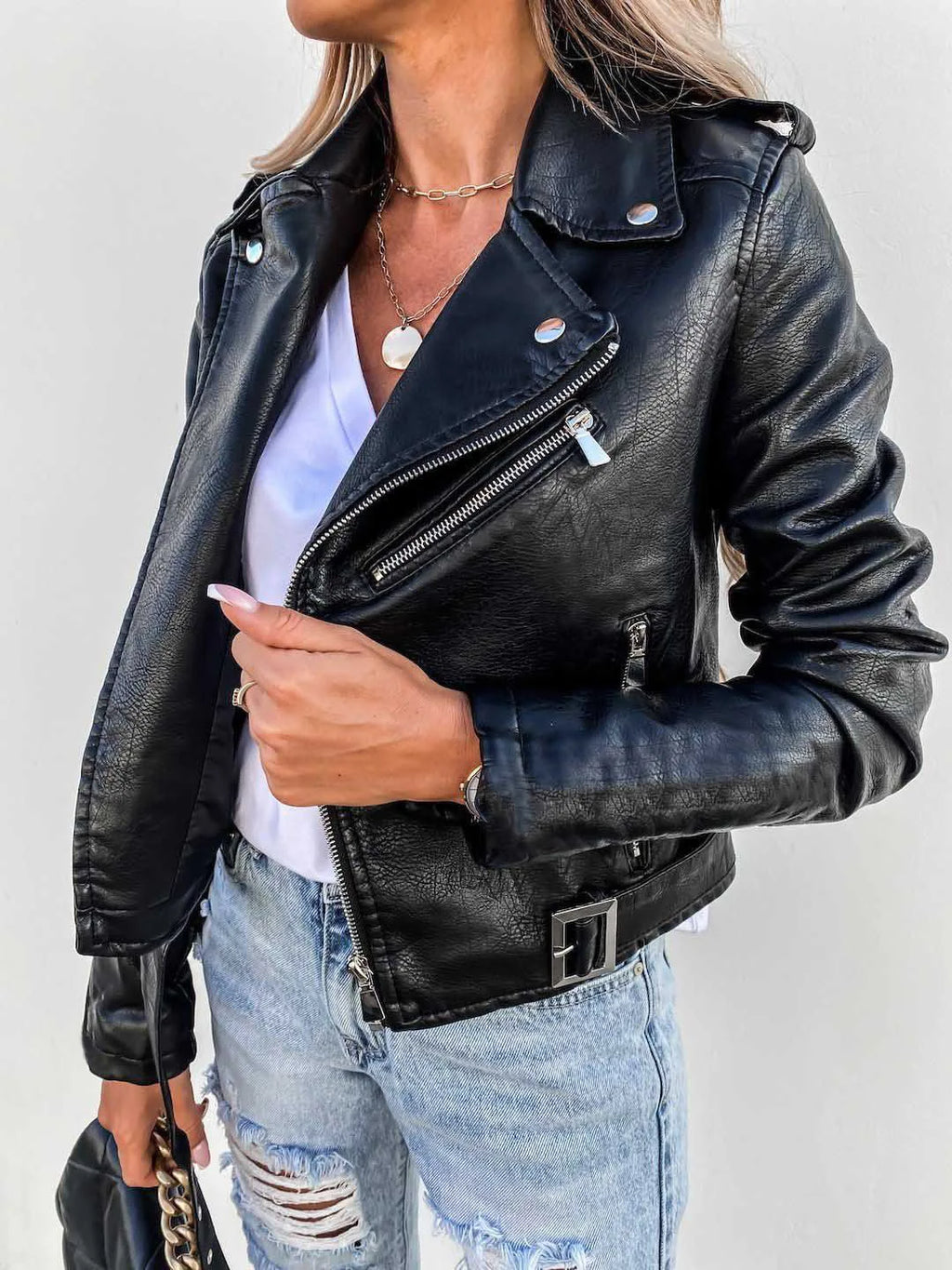 Women's textured biker jacket with asymmetric zip, notched collar and buckled waist belt
