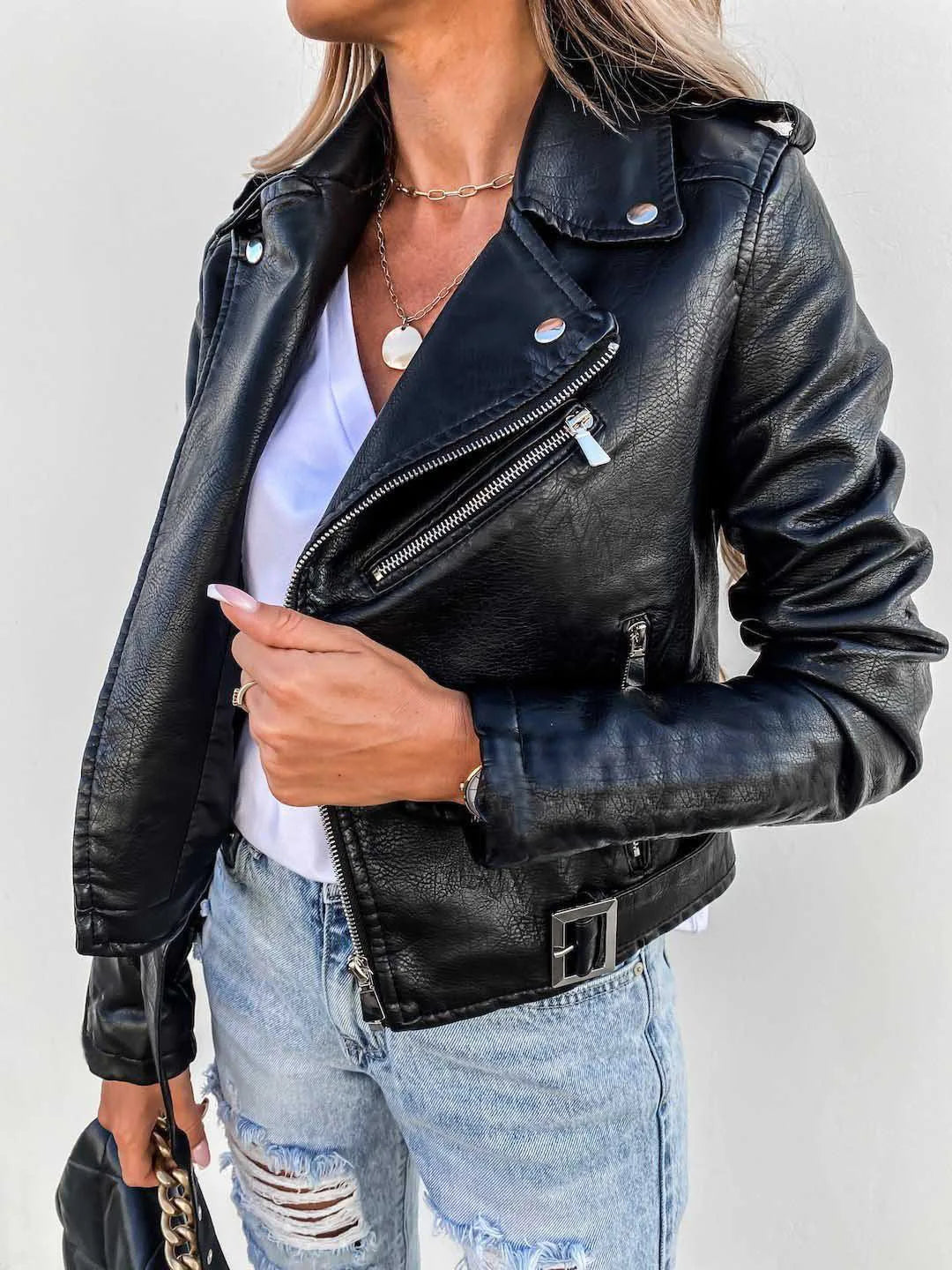 Women's textured biker jacket with asymmetric zip, notched collar and buckled waist belt