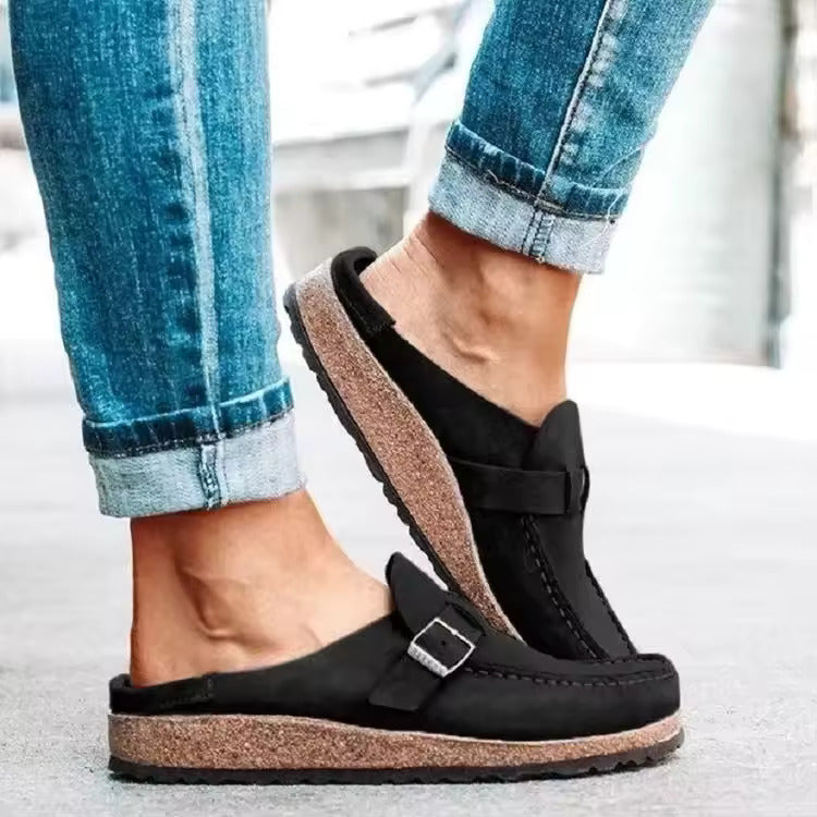 Women's slip-on loafers with buckle straps and round toes