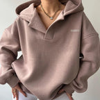 Women's oversized solid crossover hood lounge hoodie with long sleeves and ribbed trims