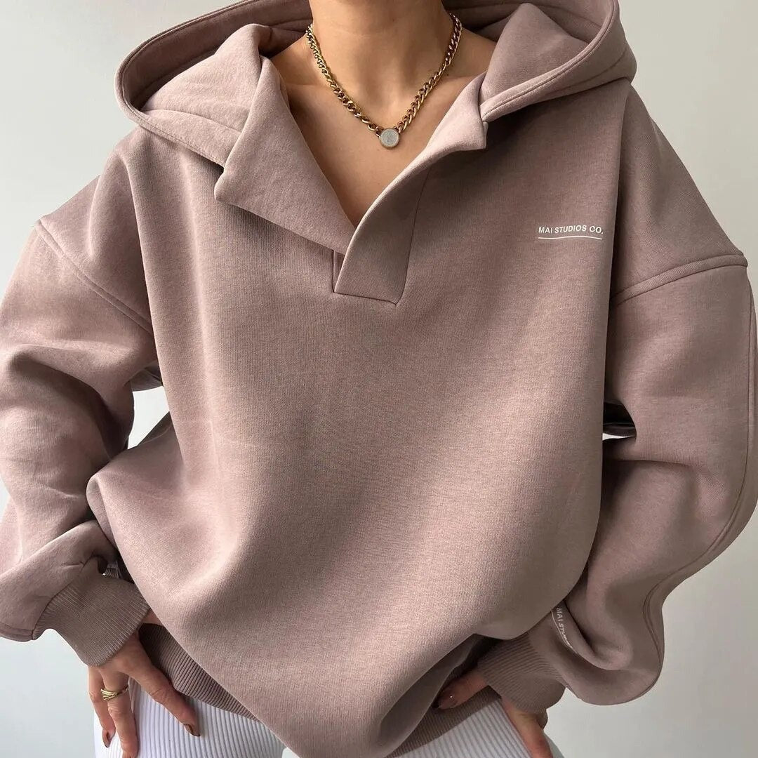 Women's oversized solid crossover hood lounge hoodie with long sleeves and ribbed trims