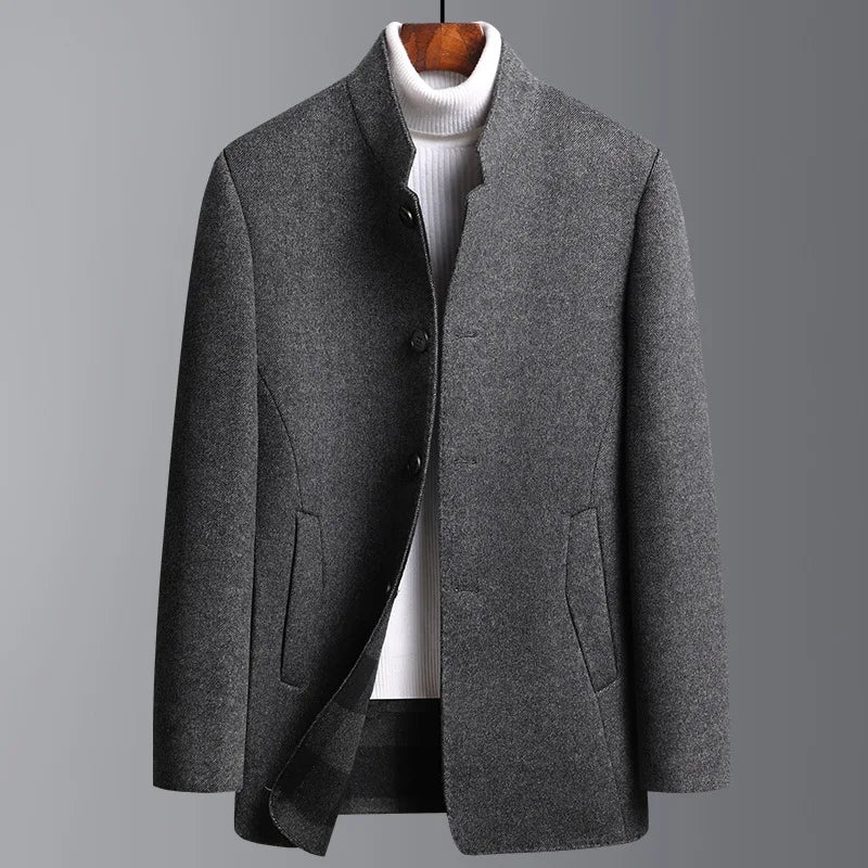 Men's stand collar button front coat with long sleeves and angled pockets