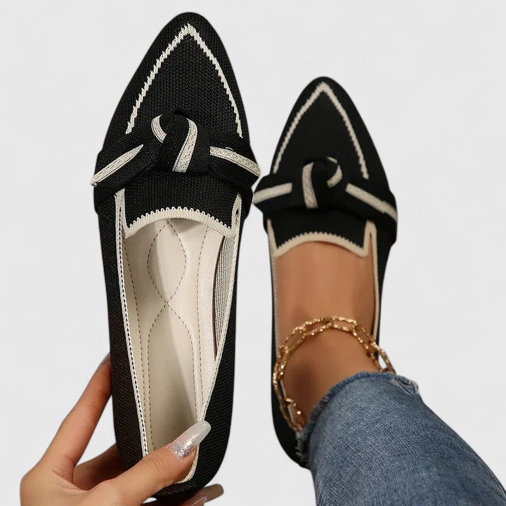 Women's pointed toe loafers with knotted strap and contrast trim