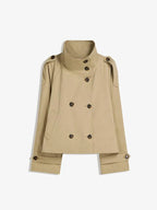 Women's belted double-breasted jacket with high collar and long sleeves