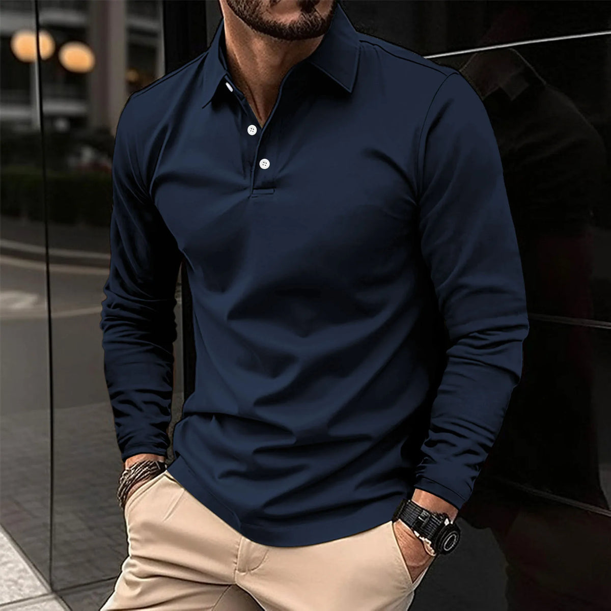 Men's long sleeve polo shirt with pointed collar and button placket