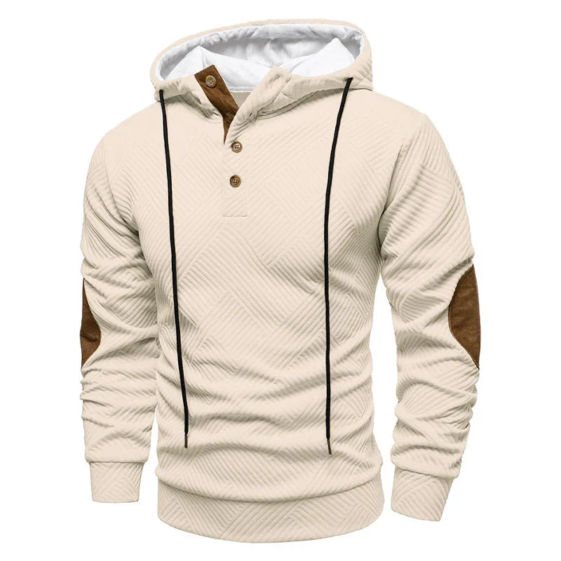 Men's textured geometric hoodie with drawstring hood, button placket and contrast elbow patches