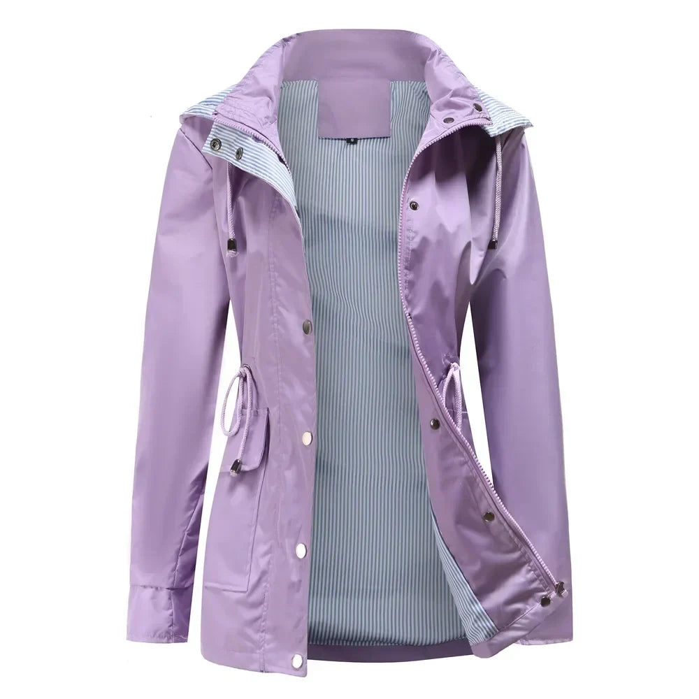 Women's hooded waterproof trench coat with long sleeves, zip front and striped lining