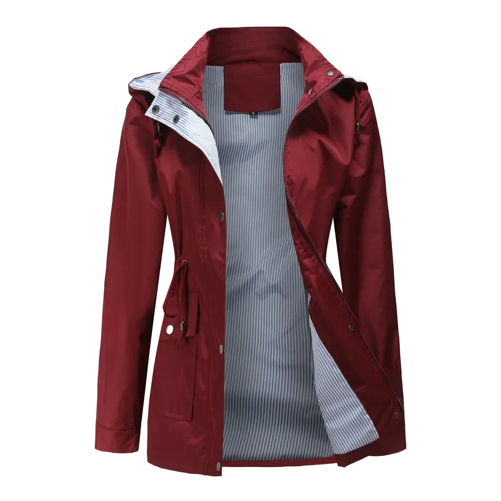 Women's hooded waterproof trench coat with long sleeves, zip front and striped lining
