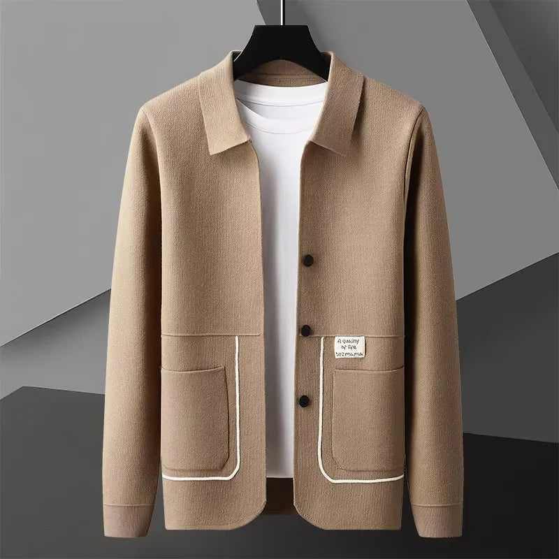 Men's collared knit cardigan jacket with button front, patch pockets and contrast piping