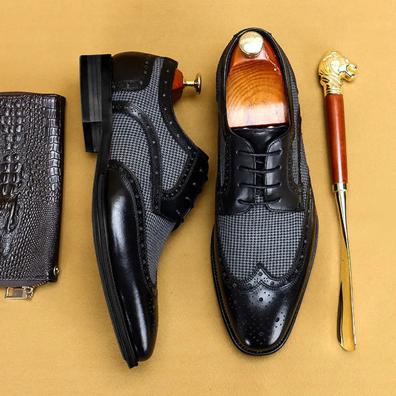 Men's brogue Oxford shoes with wingtip detailing and houndstooth panels