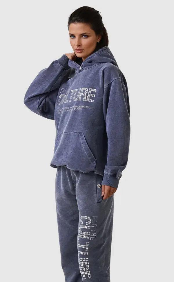 Blue hooded graphic hoodie with long sleeves and kangaroo pocket