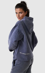 Blue hooded graphic hoodie with long sleeves and kangaroo pocket