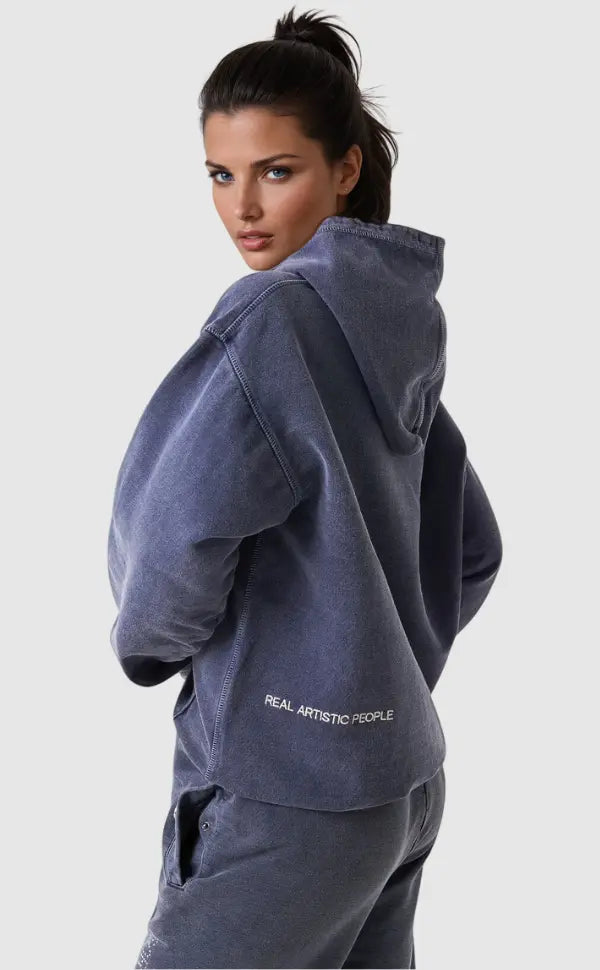 Blue hooded graphic hoodie with long sleeves and kangaroo pocket
