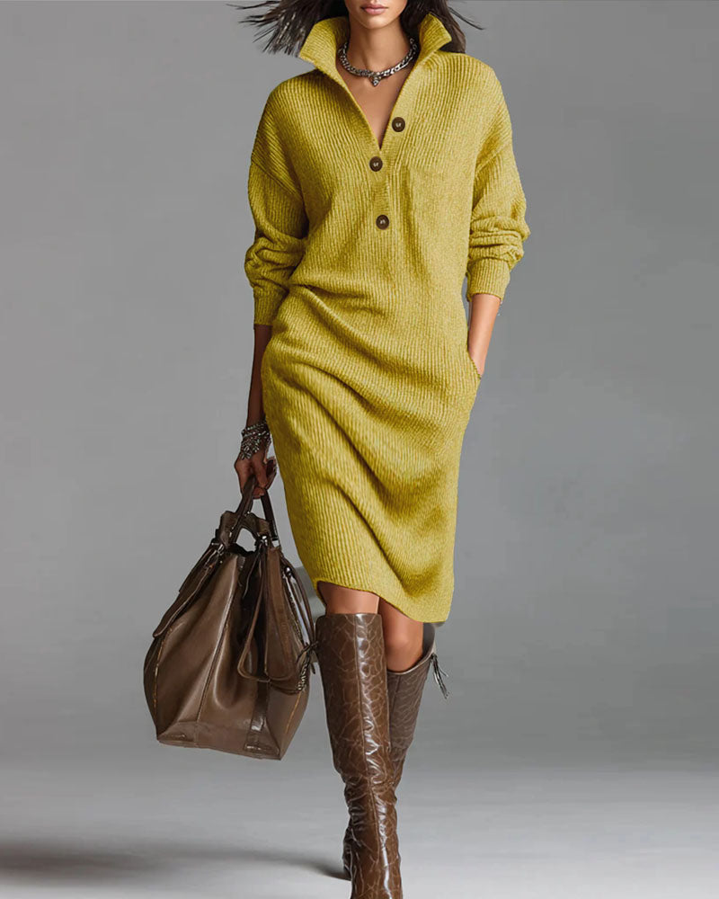Women's ribbed knit midi dress with button front, stand collar and long sleeves