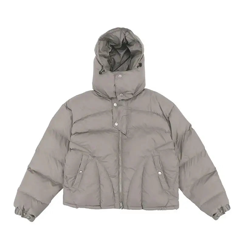 Men's stone hooded puffer jacket with quilted sections and front zip