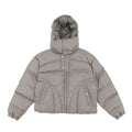 Men's stone hooded puffer jacket with quilted sections and front zip