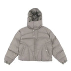 Men's stone hooded puffer jacket with quilted sections and front zip