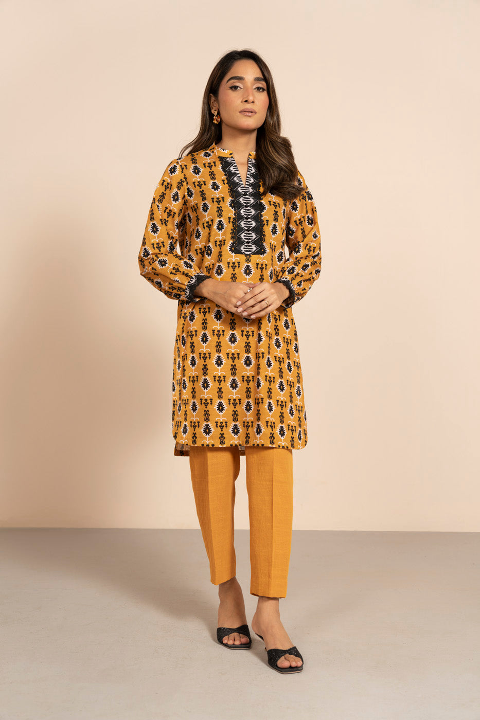 Women's mustard geometric tunic shirt with split neckline and long sleeves