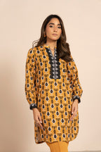 Women's mustard geometric tunic shirt with split neckline and long sleeves