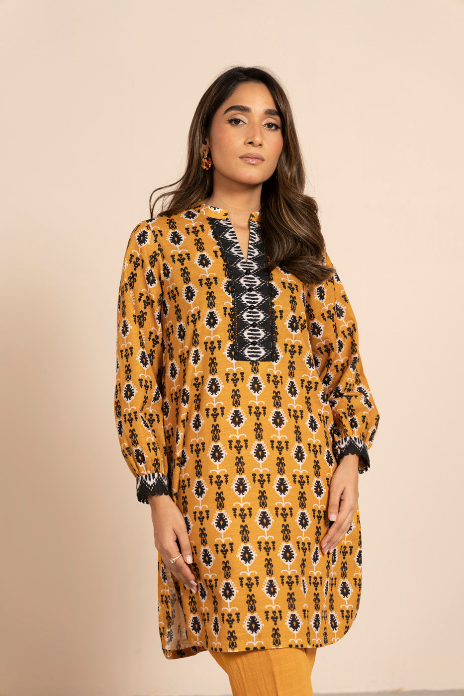 Women's mustard geometric tunic shirt with split neckline and long sleeves