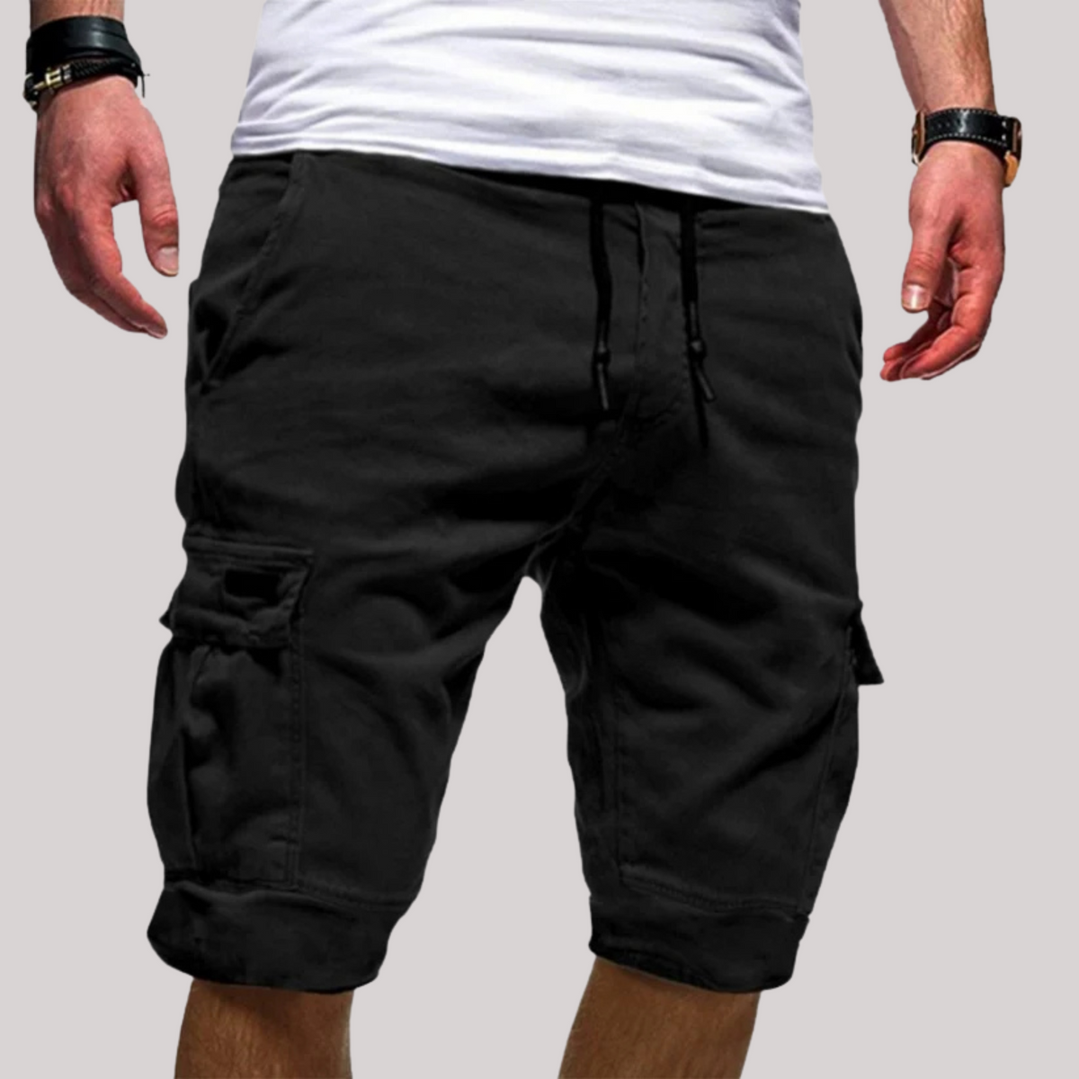 Men's cargo shorts with drawstring waist and flap utility pockets