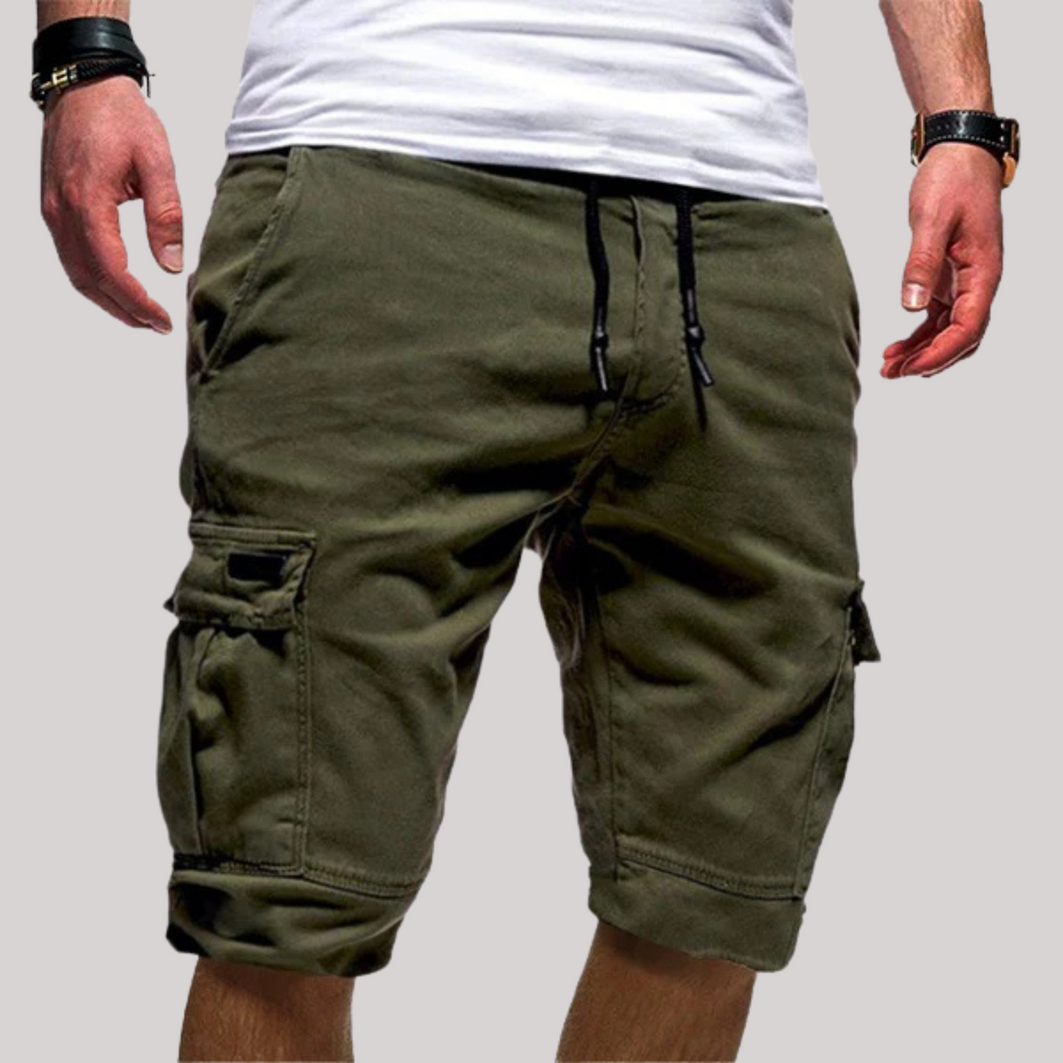Men's cargo shorts with drawstring waist and flap utility pockets