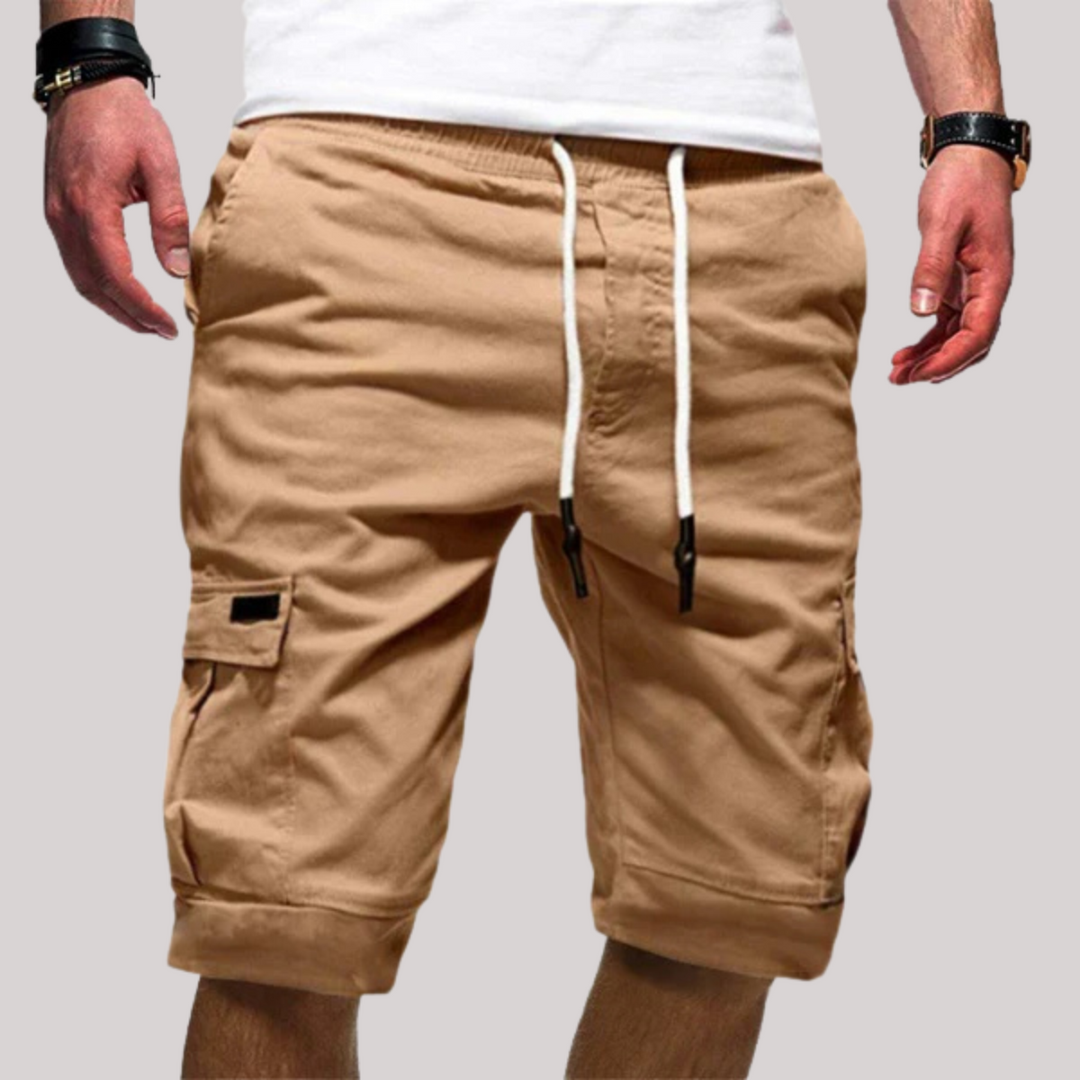 Men's cargo shorts with drawstring waist and flap utility pockets