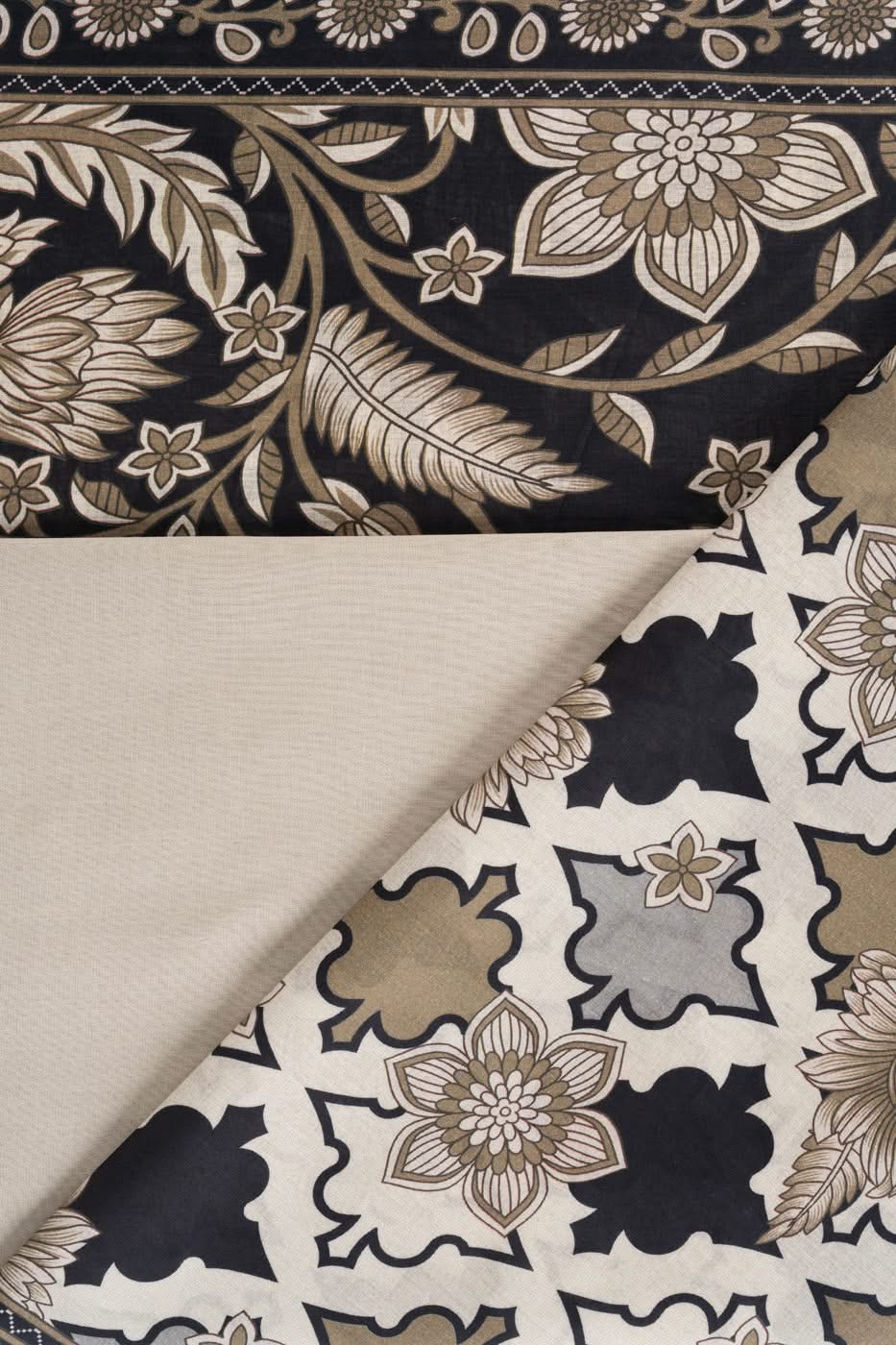 Beige floral printed shirt, trouser and dupatta fabric set with decorative borders
