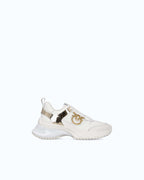 White women's trainers with gold mirror-effect side panels and chunky sole