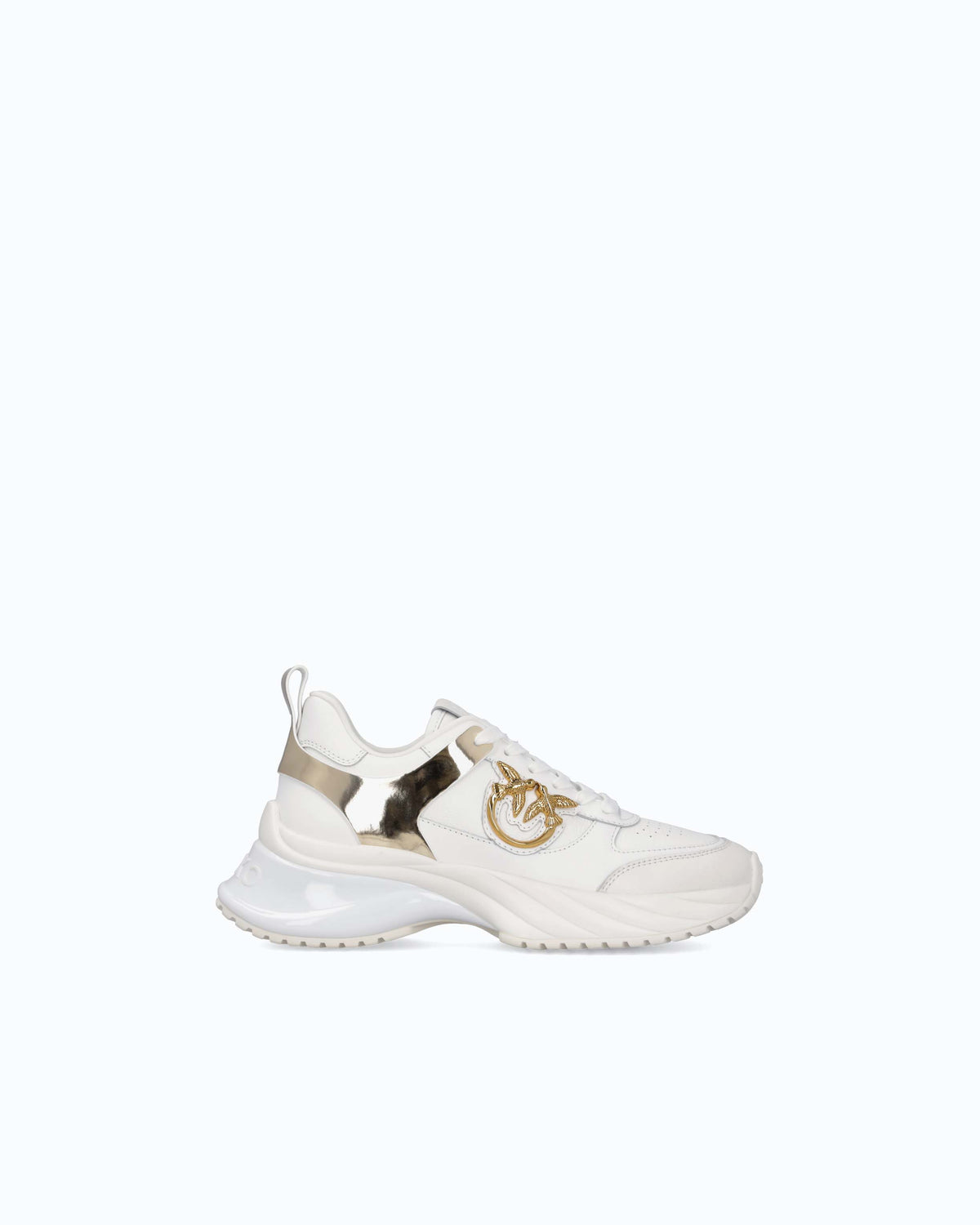 White women's trainers with gold mirror-effect side panels and chunky sole